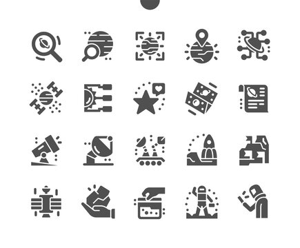 Space research. Planetary location. Space satellite. Technology, astronomy, universe, cosmos, system, discovery, solar, orbit. Technology and innovation. Vector Solid Icons. Simple Pictogram
