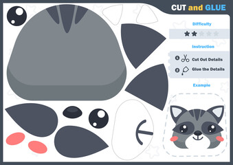 Cartoon raccoon. Education paper game for preshool children. Cut parts of the image and glue on the paper. Vector illustration. Cut and Glue Game.