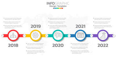 Timeline infographic template with arrows and 5 options flat design