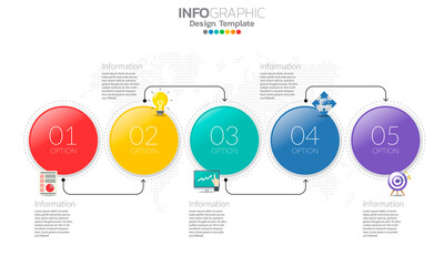 Timeline infographic template with arrows and 5 options flat design