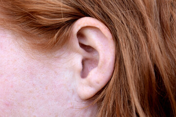 Horizontal photo close-up redhead woman ear zoom  anatomy


