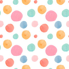 Watercolor abstract seamless pattern in on-trend colors.Print with circles in pink,orange,green,blue on white isolated background hand painted.Designs for textiles,social media,wrapping paper,fabric.