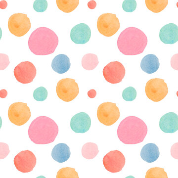 Fototapeta Watercolor abstract seamless pattern in on-trend colors.Print with circles in pink,orange,green,blue on white isolated background hand painted.Designs for textiles,social media,wrapping paper,fabric.