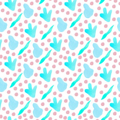 Watercolor abstract seamless pattern in on-trend colors.Print with circles in pink,turquoise,blue on white isolated background hand painted.Designs for textiles,social media,wrapping paper,fabric.