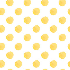 Watercolor abstract seamless pattern in on-trend colors.Static print with circles in yellow on white isolated background hand painted.Designs for textiles,social media,wrapping paper,fabric.