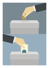 Businessman hand inserting money to the donation box. Simple flat illustration.