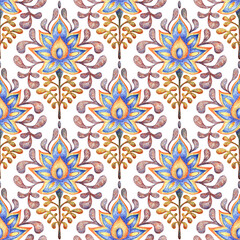 Damask seamless pattern to Victorian style. Floral ornament drawn with colored pencils on paper. Print for home textiles, pillows, carpets. Handmade.