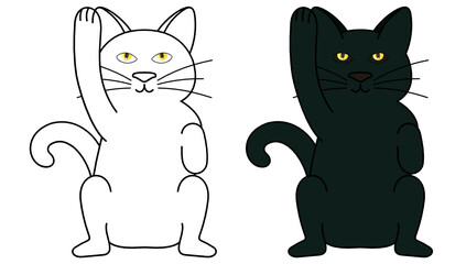Black and line art playful cat cartoon on white background