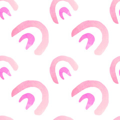 Watercolor abstract seamless pattern in on-trend colors.Print with rainbow in pink,rose on white isolated background hand painted.Designs for textiles,social media,wrapping paper,fabric.