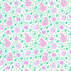 Watercolor abstract seamless pattern in on-trend colors.Print with circles in pink,green on white isolated background hand painted.Designs for textiles,social media,wrapping paper,fabric.