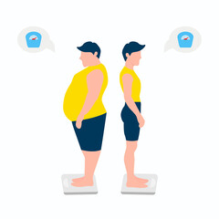 Vector Illustration of a man showing the weight before and after. A fat and slim female figure. Eps 10