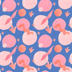 Watercolor abstract seamless pattern in on-trend colors.Print with circles in pink on blue isolated background hand painted.Designs for textiles,social media,wrapping paper,fabric.