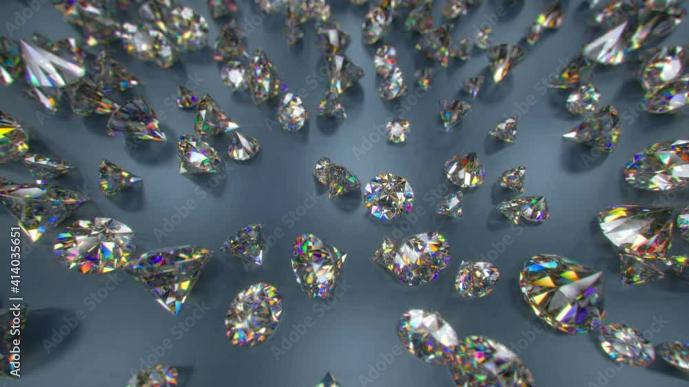 Poster lots brilliant round cut diamonds. 3d render seamless loop animation