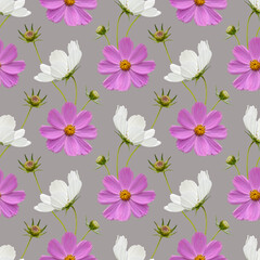 Colorful floral seamless pattern with cosmos flowers collage on gray background. Stock illustration.