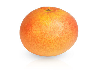 large juicy orange with red grapefruit cut out on a white background with shadow and reflection