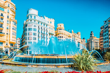 Fototapeta na wymiar Fountain on Modernism Plaza of the City Hall of Valencia, Town h