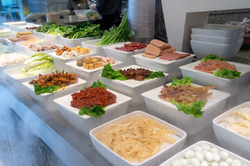 Fresh ingredients in the freezer of hotpot shop