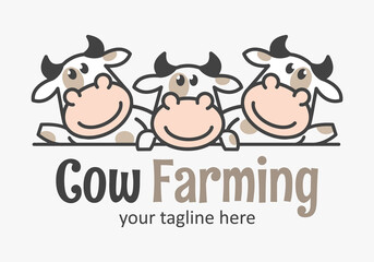 Cute cow farming logo with three funny calfs. Market cow icon. Farmer sign.
