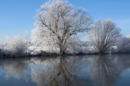 winterlandschaft , aue der fulda in wolfsanger , kassel , nordhessen