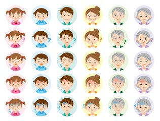 3世代6人家族の表情イラスト丸アイコンセット/白背景