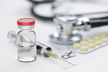 Vaccine vial on the doctors table. Vaccination concept. 3d rendering illustration.