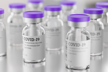 Lot of COVID-19 vaccine glass vials, 3d rendering illustration.