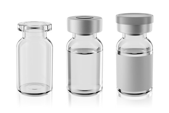 Vaccine clear glass injection vials set isolated. 3d rendering mockup.