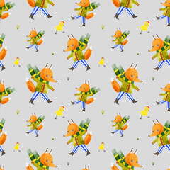 Seamless pattern of sly Fox and funny yellow chickens. Cute cartoon animals. Hand-drawn watercolor illustrations on a gray background. Design for postcards, packaging, textiles, prints, wallpaper.