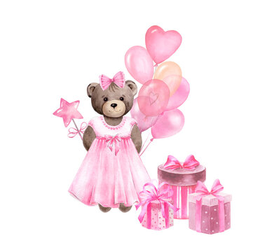 Teddy bear Baby girl in pink dress.Watercolor hand painted illustrations for baby girl birthday isolated on white background .