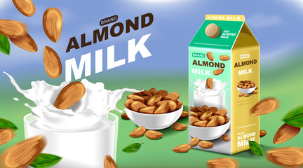 Almond milk with splashing liquid and seeds on blue sky, vector illustration
