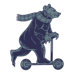 Bear wearing scarf on scooter. Vintage fun teddy bear on kick scooter, enjoy riding isolated on a white background. 