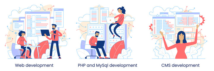 Website architecture concept. PHP and MySql. CMS content management system. Web development. Software testing. Interface design,  Graphic elements set. Vector illustration in flat style.