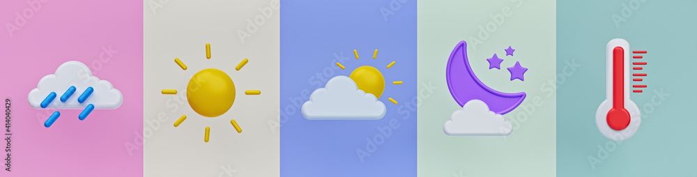 Poster minimal weather forecast icons set. simple banner. 3d rendering