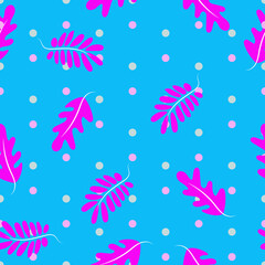 Childrens texture. . Leaves seamless pattern. Bright trendy leaf tones in a contemporary style. On a bright blue background with polka dots.
