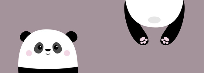 Panda bear banner. Cute cartoon baby character. Funny face head silhouette. Kawaii animal. Hanging fat body with paw print, tail.Pet collection. Flat design. Sticker print. Violet background.