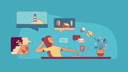Woman freelancer working on laptop at home in quarantine cartoon vector illustration. Girl dreaming about travels. Procrastination and needed rest concept. Remote work disadvantages female character