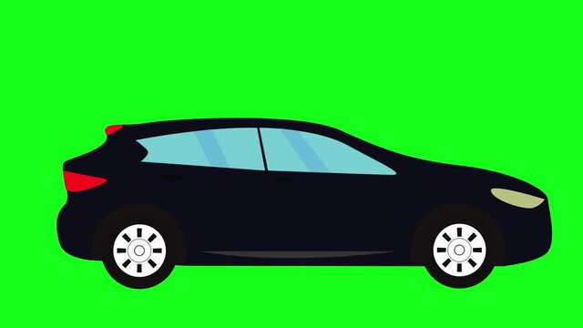 Moving automobile car animation on green screen chroma key, flat looping design element, graphic source