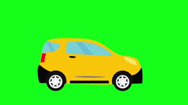 Moving automobile car animation on green screen chroma key, flat looping design element, graphic source