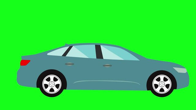 Moving automobile car animation on green screen chroma key, flat looping design element, graphic source