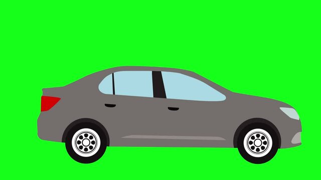 Moving automobile car animation on green screen chroma key, flat looping design element, graphic source