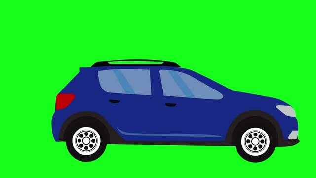 Moving automobile car animation on green screen chroma key, flat looping design element, graphic source