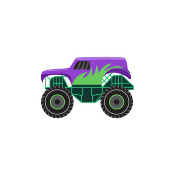 Monster truck with decorative spurts of flame flat vector illustration isolated.