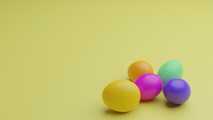 A group of five colorful Easter eggs on a yellow background