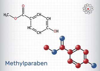 Methylparaben, methyl paraben, methyl 4-hydroxybenzoate molecule. It is paraben, antimicrobial preservative in cosmetics, E218. Sheet of paper in a cage