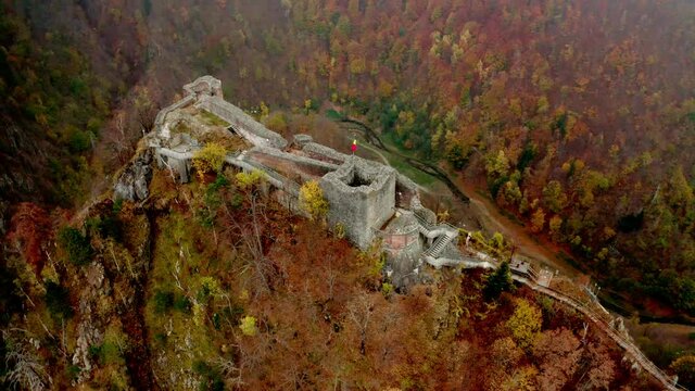 Aerial view of ruined Poenari Citadel