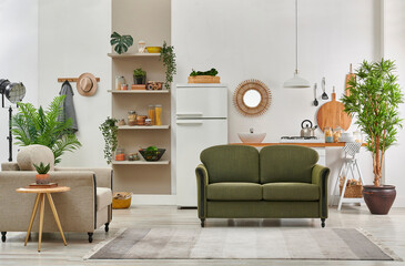 Decorative living room and kitchen background interior style, green sofa and armchair middle table, brown bookshelf and dining table style.