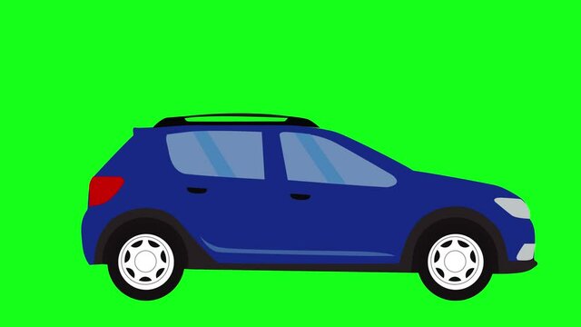 Moving automobile car animation on green screen chroma key, flat design element, graphic source