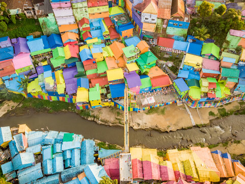 Aerial view of Kampung Warna Jodipan, a village painted with vibrant colours in Malang city, East Java, Indonesia.