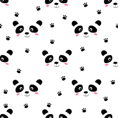 Fototapety  Seamless pattern with cute panda baby on white background. Funny asian animals. Card, postcards for kids. Flat vector illustration for fabric, textile, wallpaper, poster, gift wrapping paper.