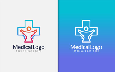 Medical Logo Design. Modern Medical Combine With People Silhouette. Vector Logo Illustration.